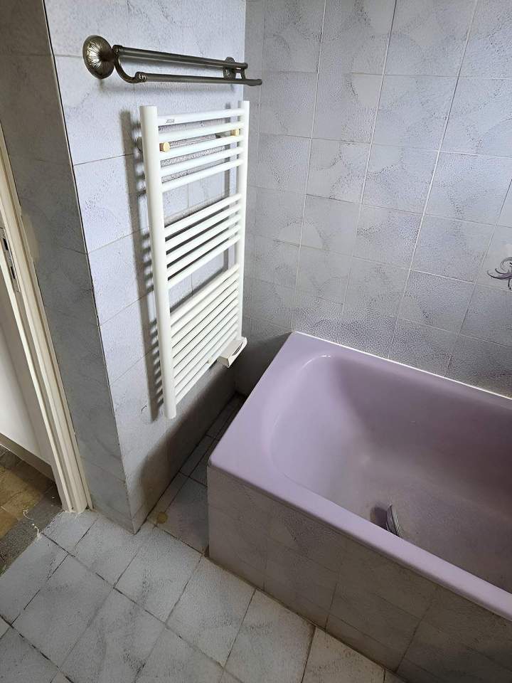 Baignoire lilas et radiateur sèche serviettes Lardy